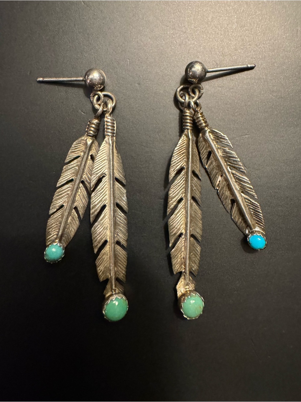 Sterling Silver Turquoise Double Feather Dangle Earrings - 1.75”